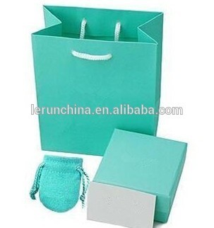 Custom Brand Blue Paper Velvet Pouch Jewelry Bag and Box